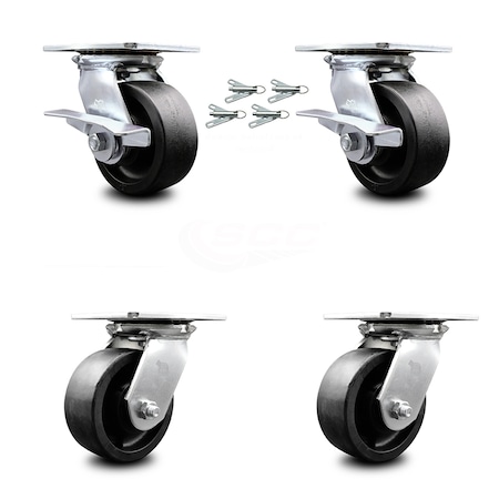 Service Caster 5 Inch Glass Filled Nylon Caster Set with Roller Bearing 4 Swivel Lock 2 Brake SCC-35S520-GFNR-SLB-BSL-2-BSL-2